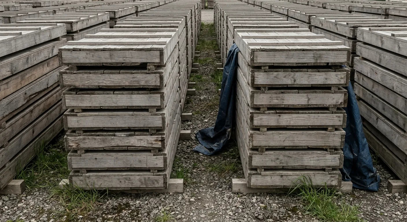 Long rows of closed weathered timber core boxes stacked six and seven high on bearers in a gravel yard, a tarpaulin slipped from one stack.