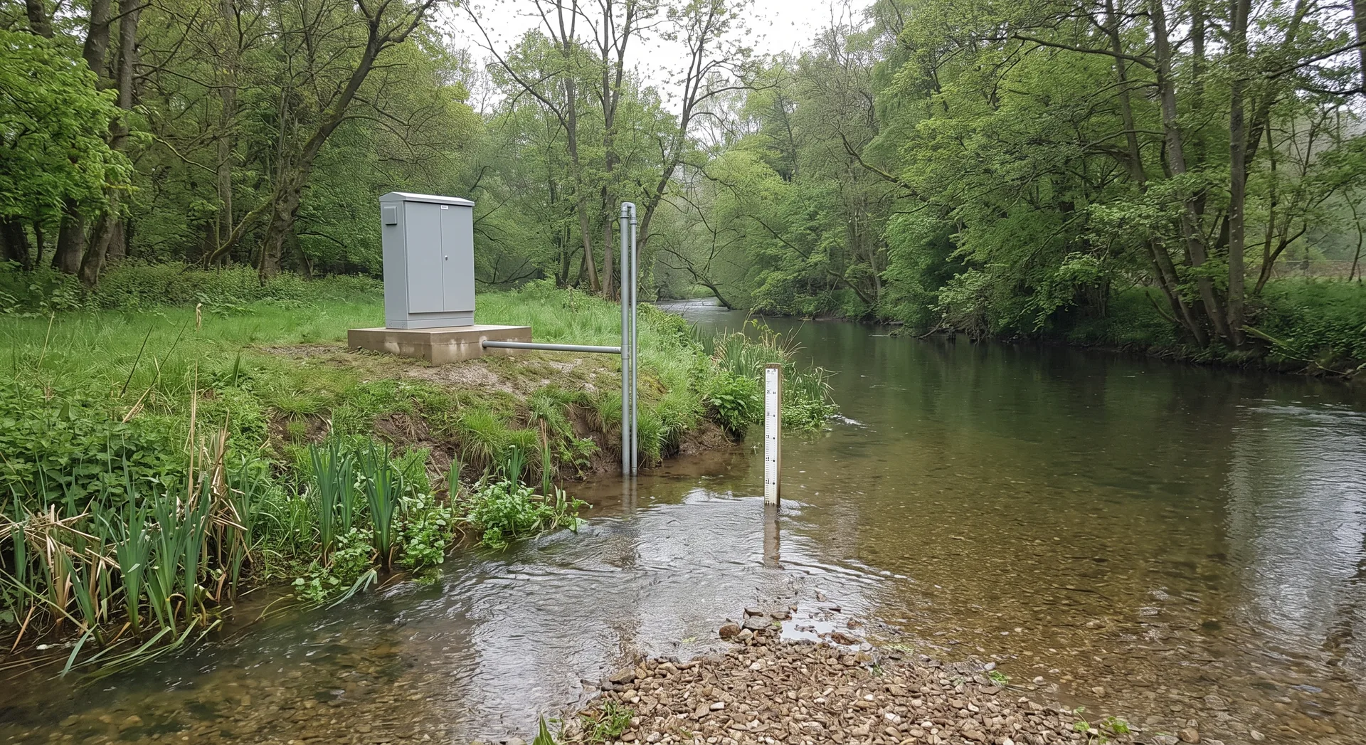 A plain instrument cabinet on a plinth beside a slow clear river, a stilling well pipe running down the bank and a plain gauge post in the shallows.