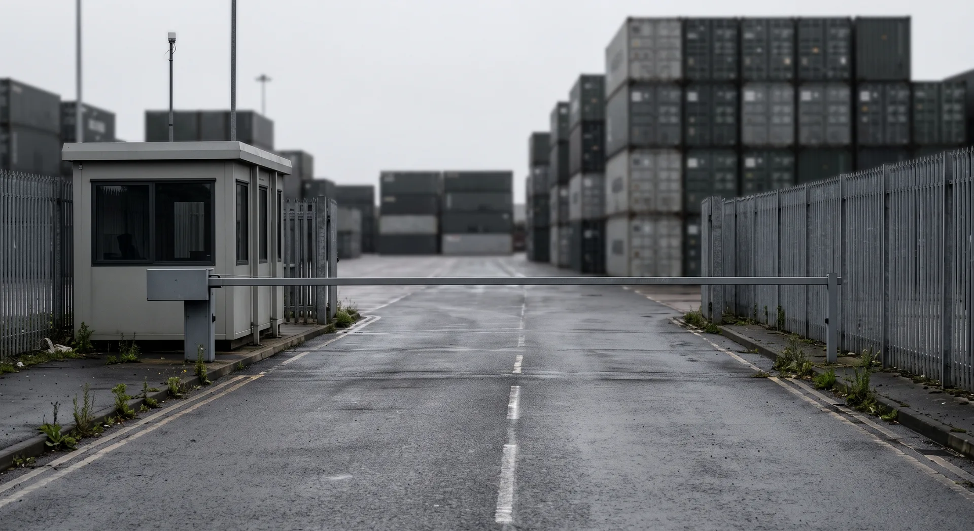 A lowered steel boom barrier across a wide roadway beside a small plain gatehouse, container stacks rising behind it in the yard beyond.