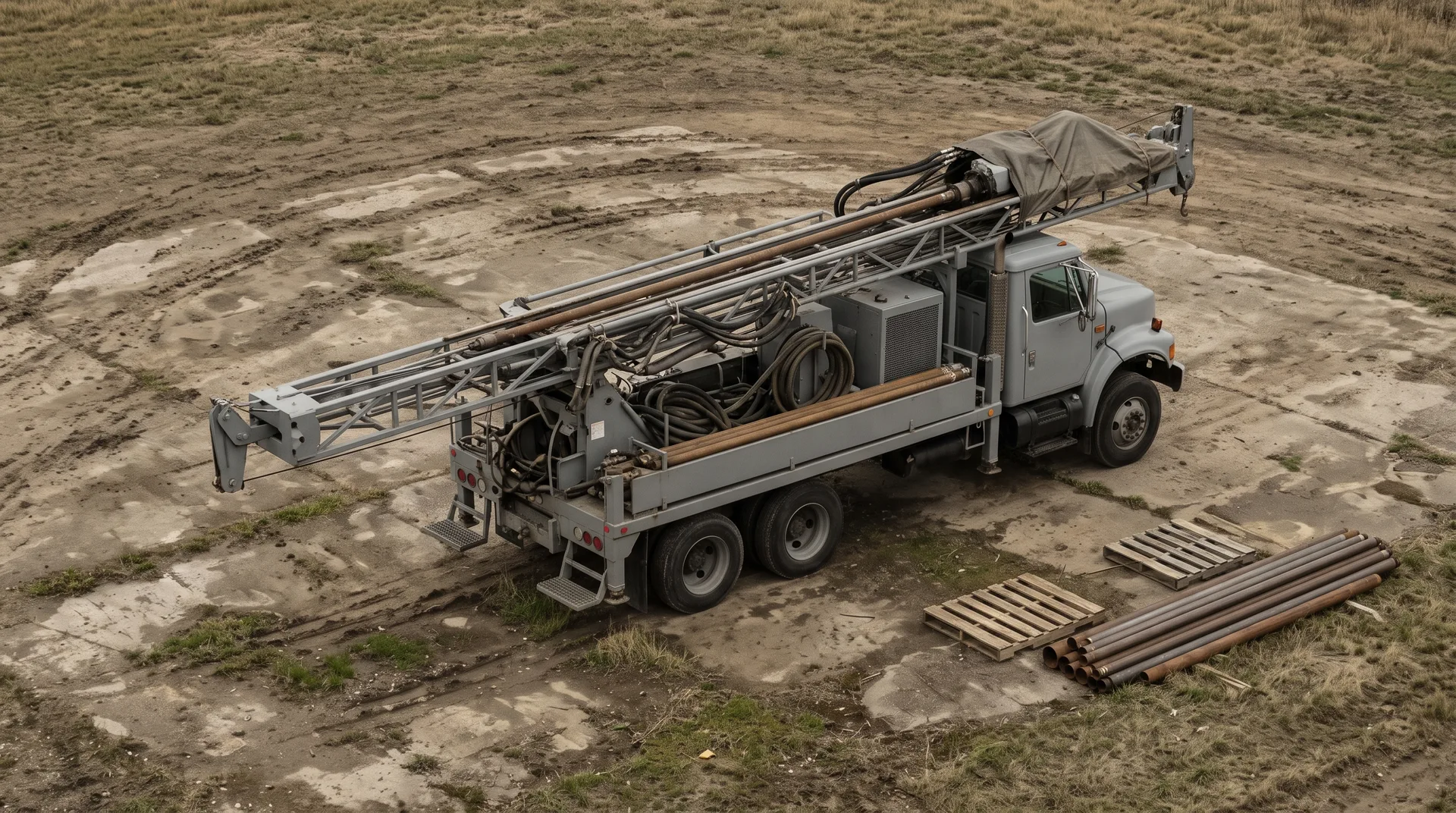 A truck-mounted drill rig standing with its mast lowered and tarpaulin lashed over it on a cleared pad, grass coming through the ground around it.