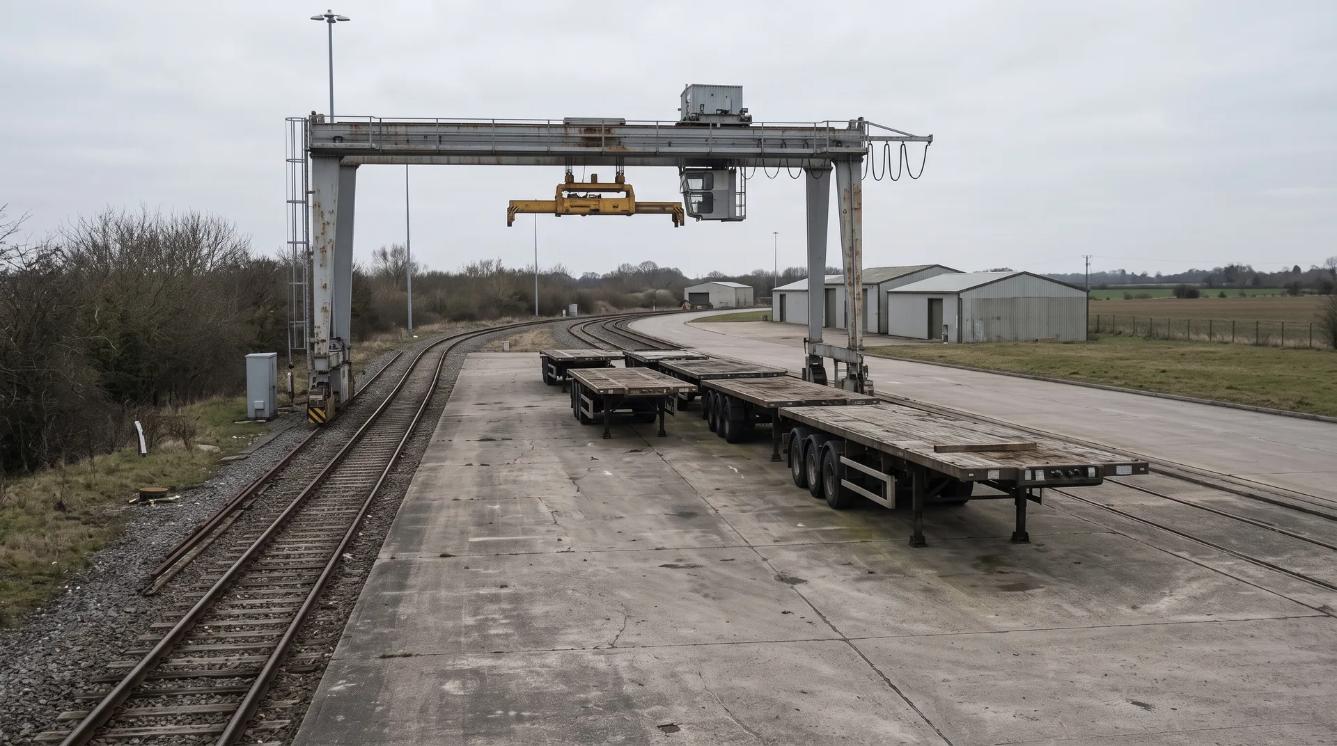 A travelling gantry crane spanning a rail siding and a line of empty flatbed trailers on a paved apron, sheds and a second siding beyond.