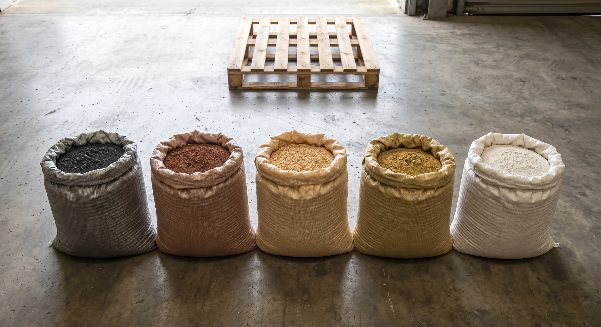 Five heavy woven sacks folded open in a row on a concrete floor, each holding a different material — dark grey, reddish-brown, honey, yellow-brown and near-white.