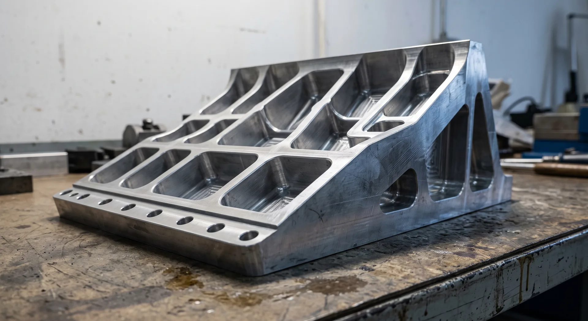 A machined metal bracket cut away into an open ribbed structure with rounded internal corners and plain fastener holes along one flange.