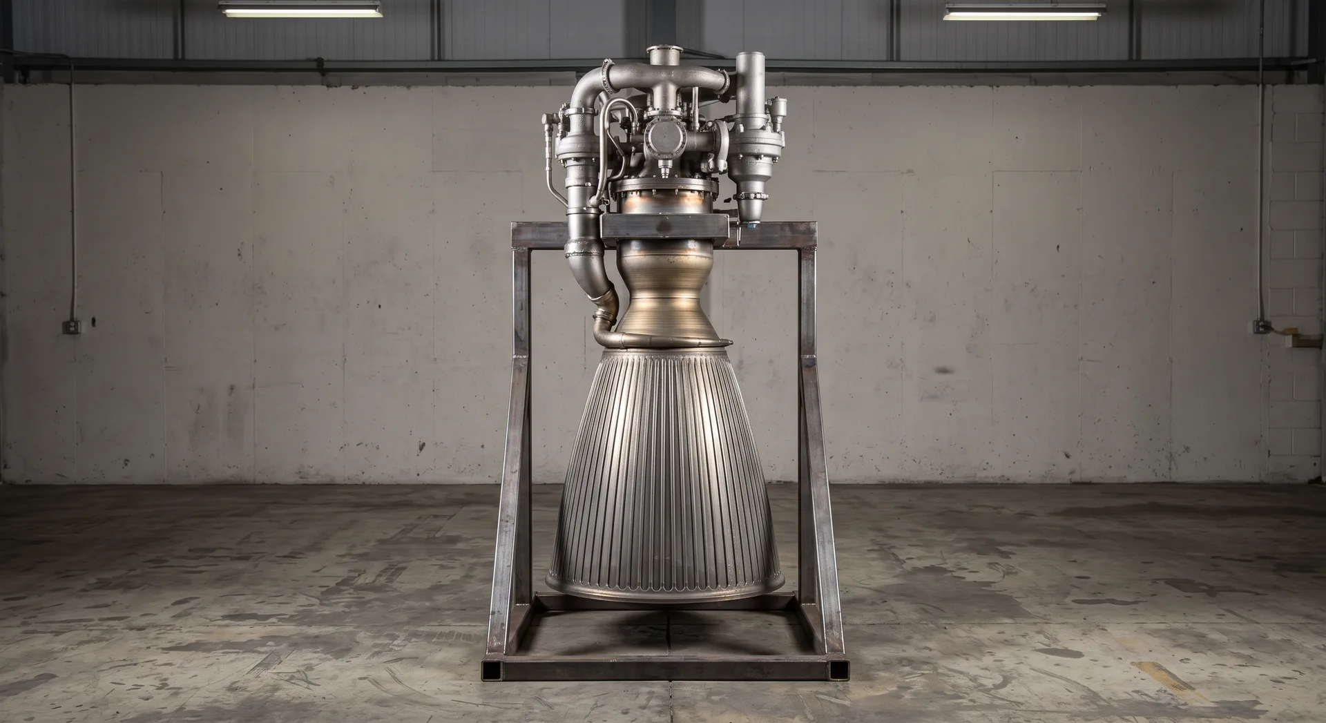 A complete rocket engine standing on a steel test stand, its wide flared bell ribbed with cooling channels narrowing up to pumps and pipework.
