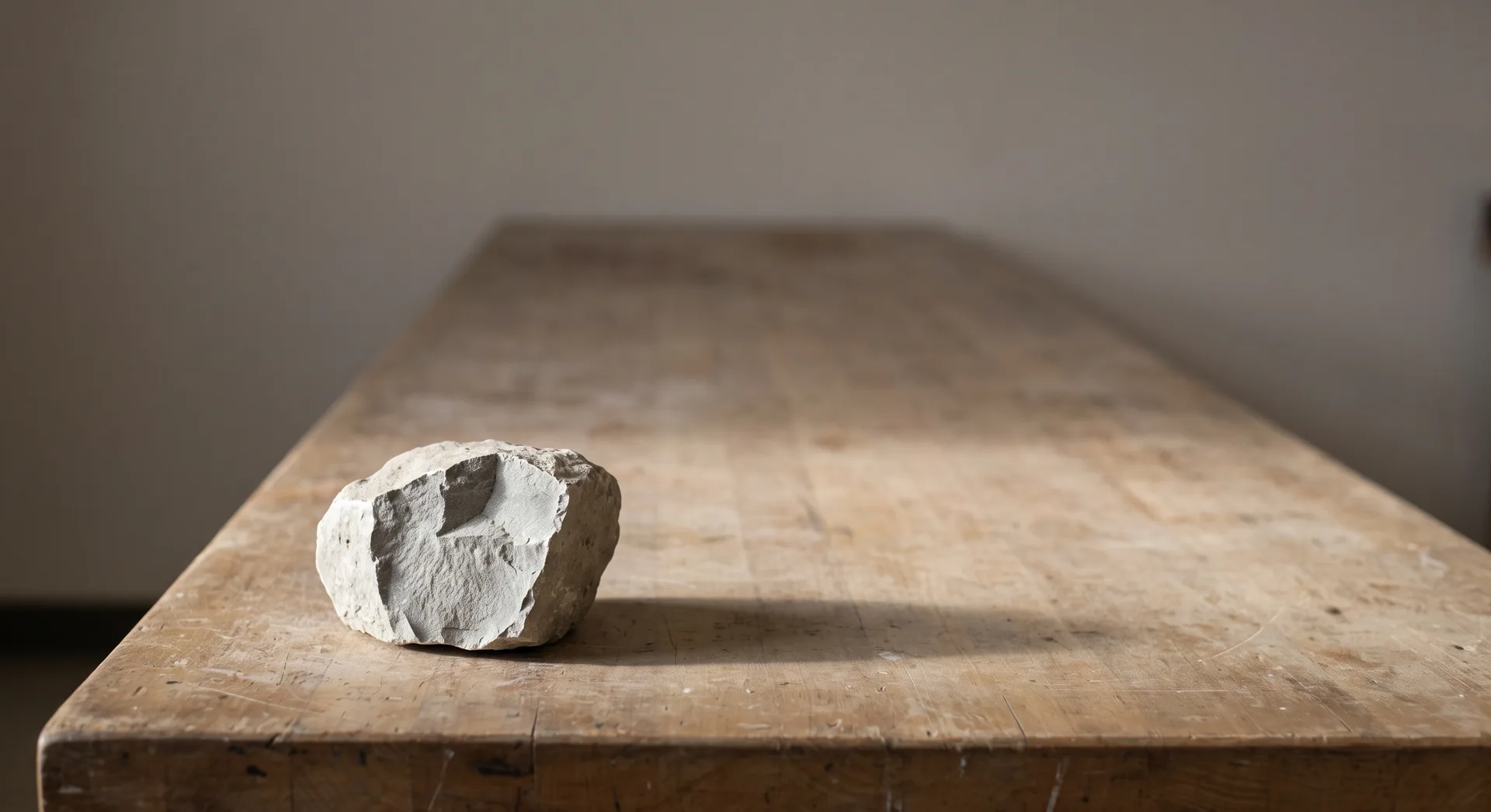 A single fist-sized piece of pale grey rock with a freshly broken face sitting alone at the end of a long empty workbench.