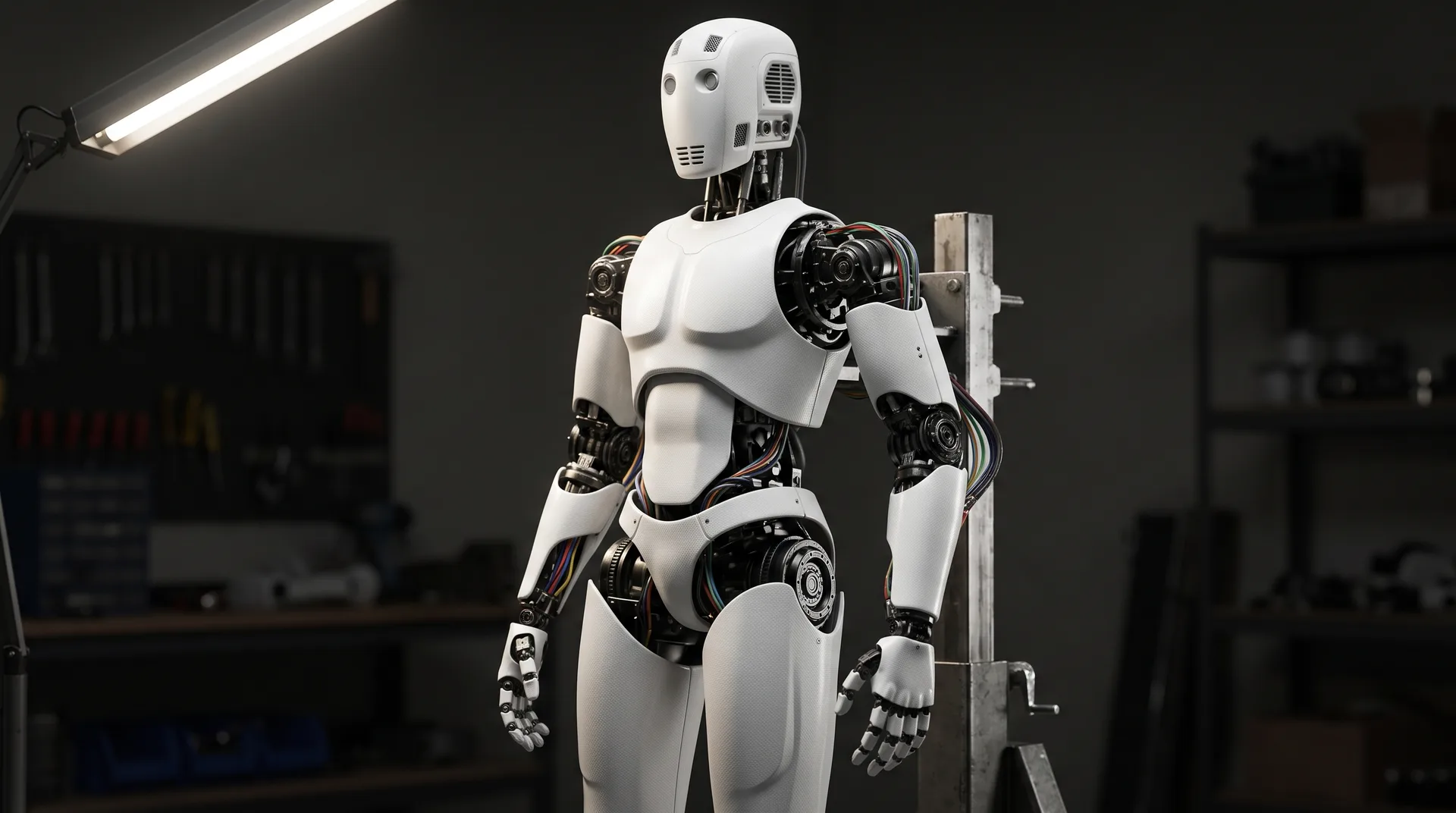 A humanoid robot standing in a workshop, white shell panels over exposed dark joints and coloured cable runs, lit by a task lamp.
