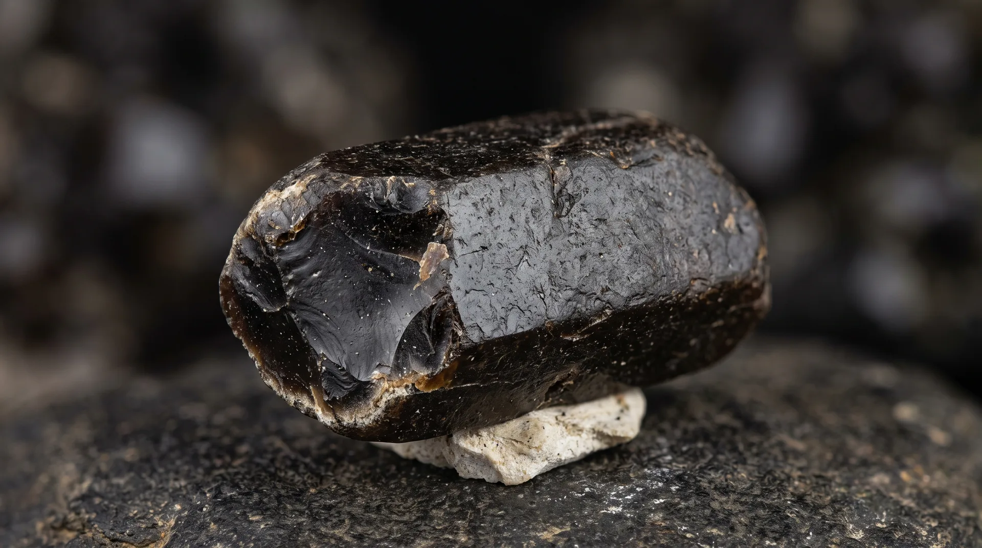 A single rounded dark brown-black crystal with a glassy fractured face, resting on a small pale chip against dark rock.