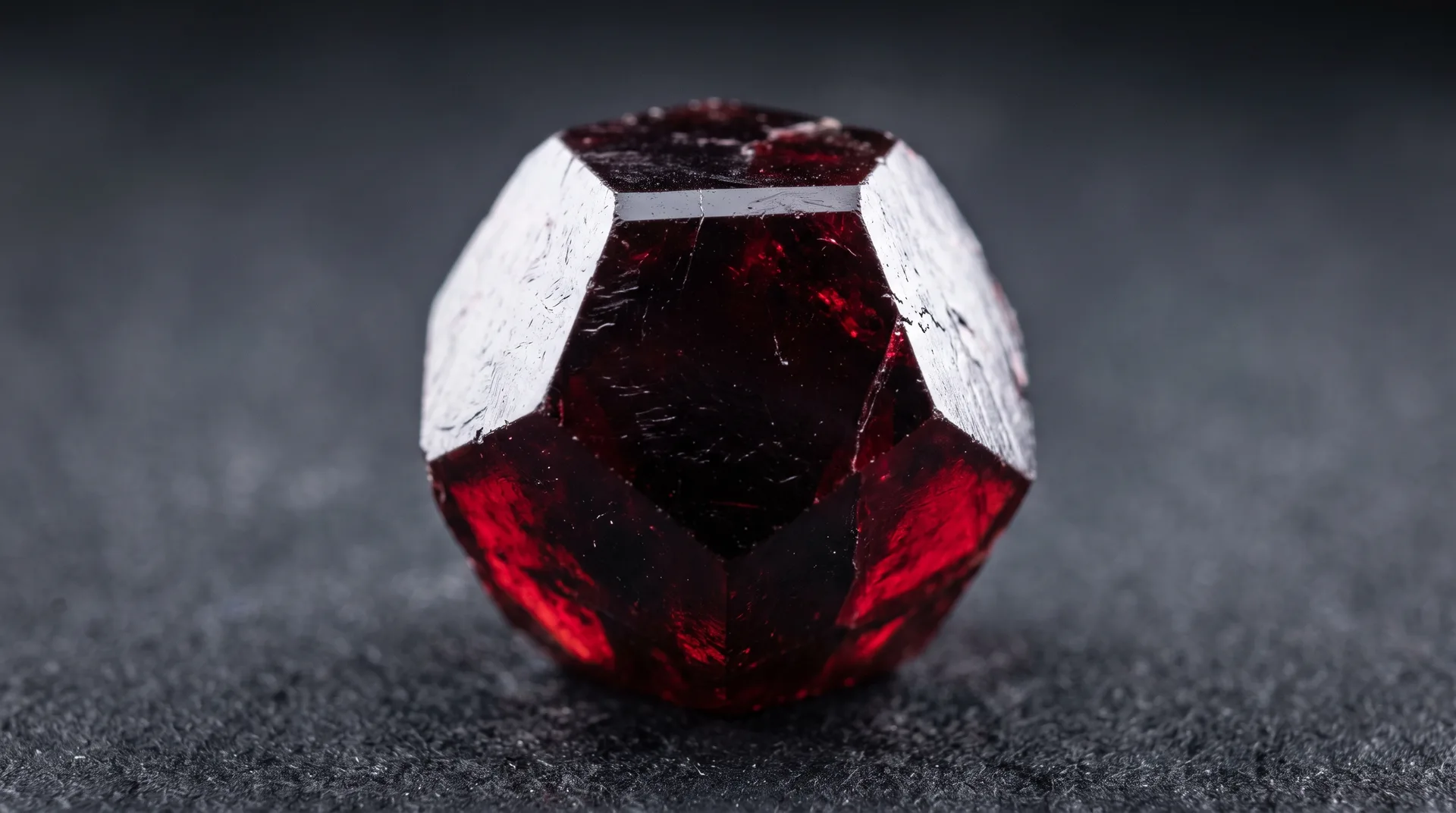 A single deep red crystal with many flat facets forming a rounded polyhedron, lit against a dark speckled ground.