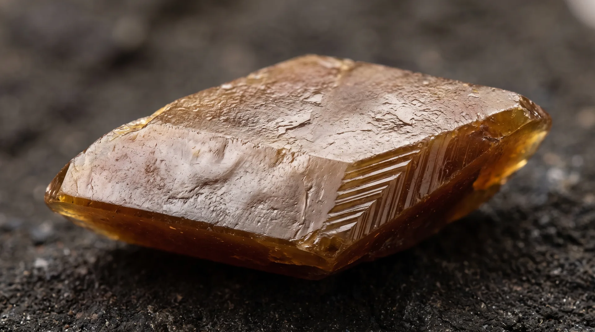 A flat wedge-shaped crystal in warm honey-brown, its upper face frosted and its edges translucent, resting on dark gritty ground.