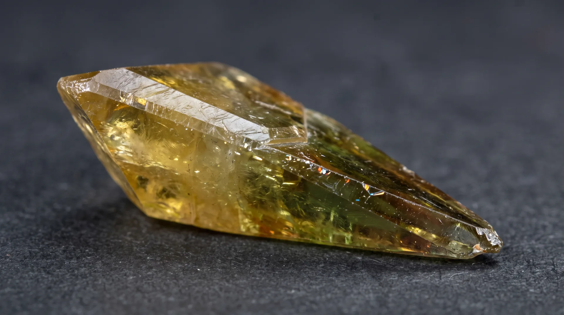 A translucent yellow-green wedge-shaped crystal with sharp edges and bright internal flashes, on a dark ground.