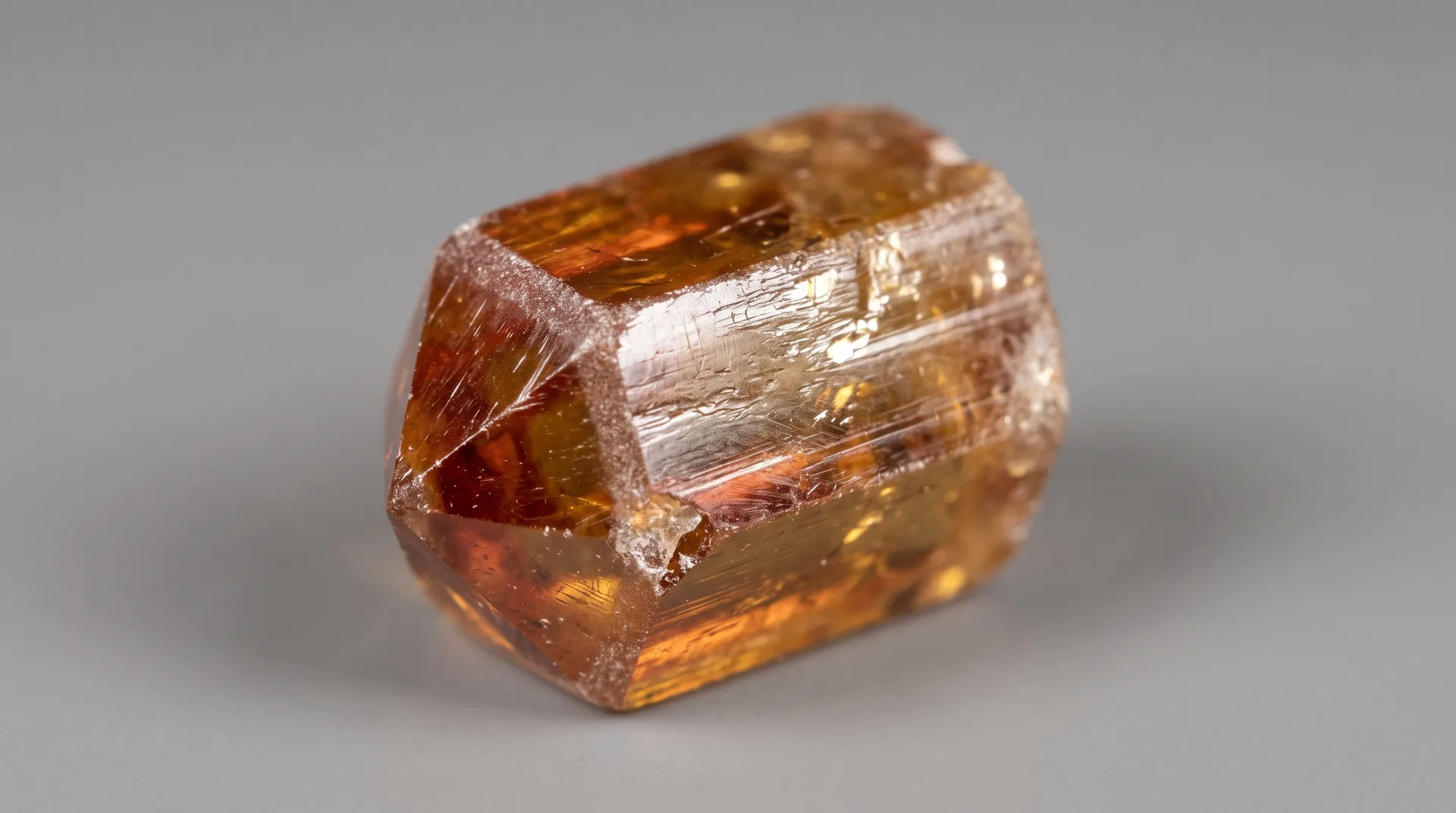A stout amber-orange crystal with flat prism faces and bevelled ends, translucent and glowing, on a pale grey ground.