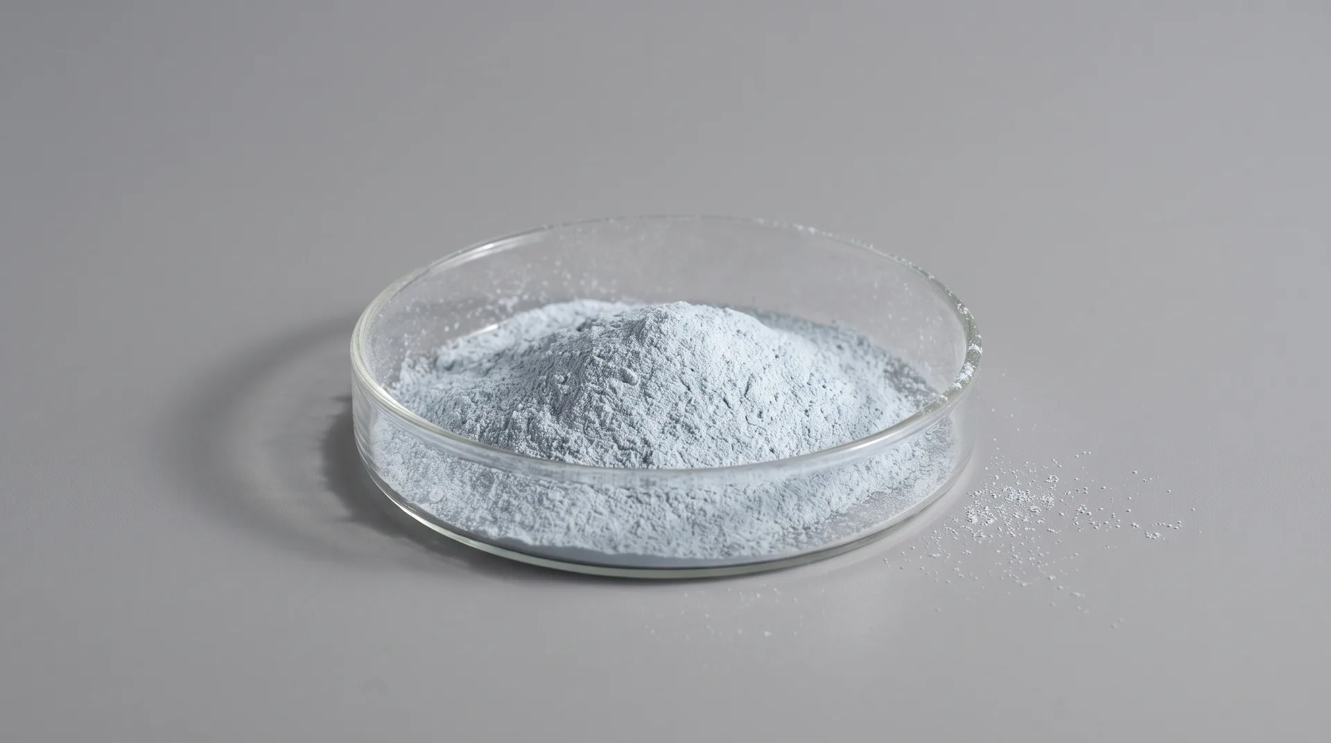 A shallow glass dish on a plain grey surface holding a low heap of very fine pale blue-grey powder, dusted across the rim.