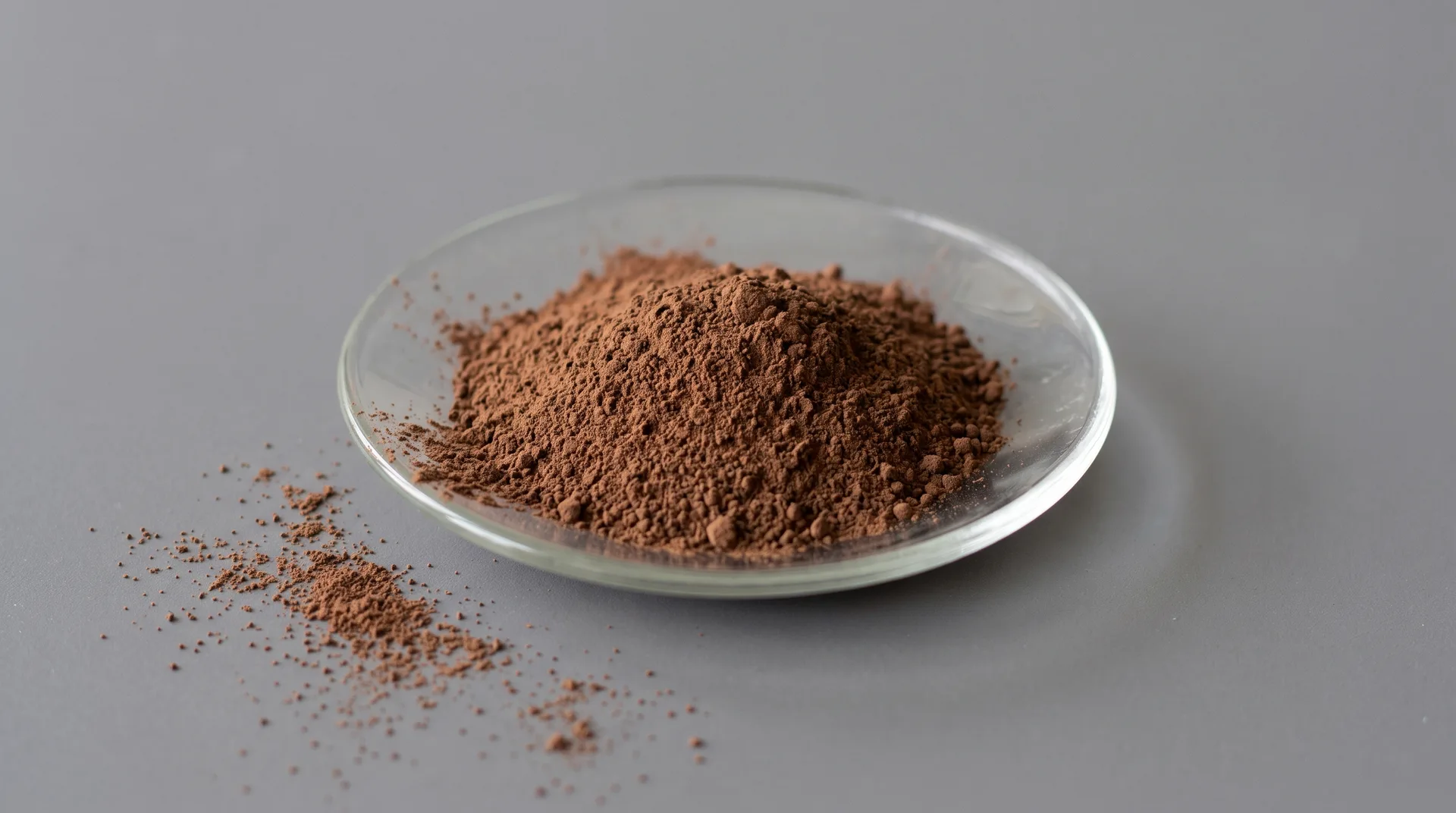 A shallow glass dish on a grey surface holding a mound of fine mid-brown powder, warm and earthy, evenly coloured throughout.
