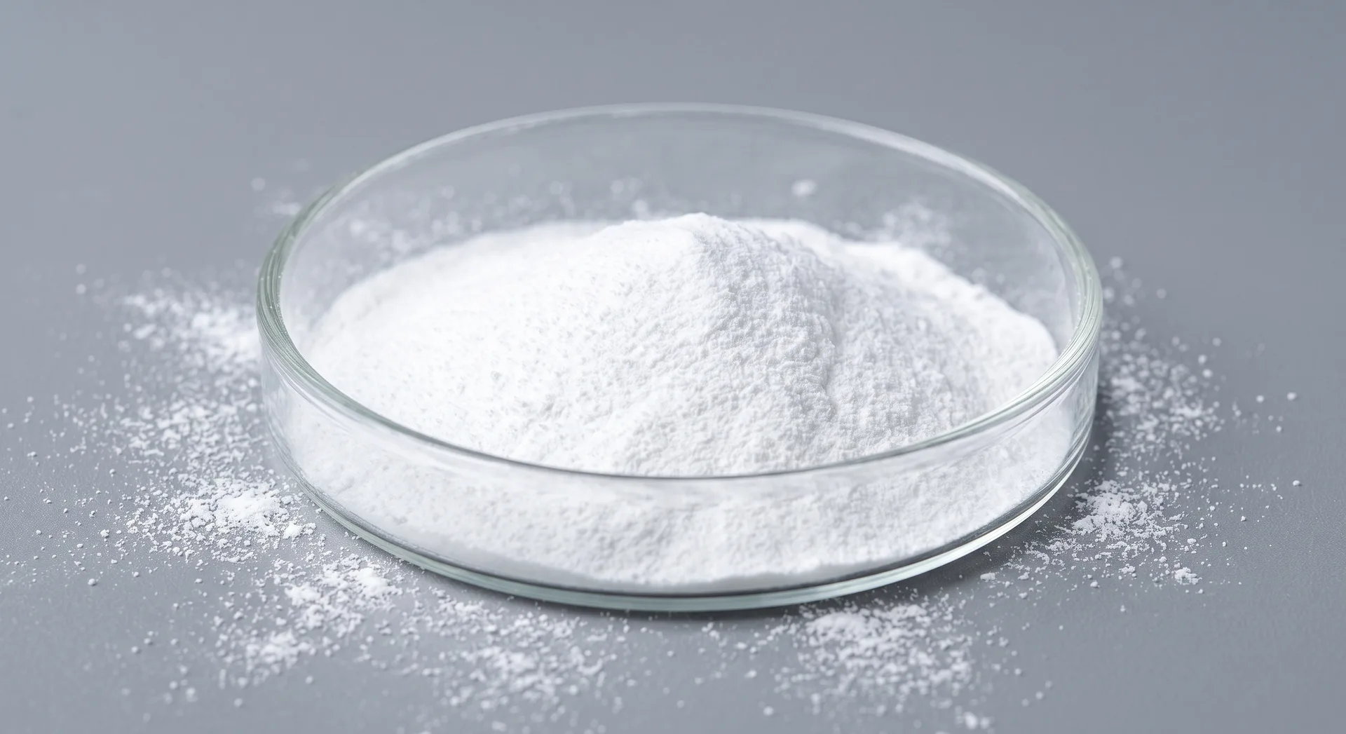 A shallow glass dish filled with brilliant pure white powder, cool and clean, keeping its brightness even on the shaded side of the heap.