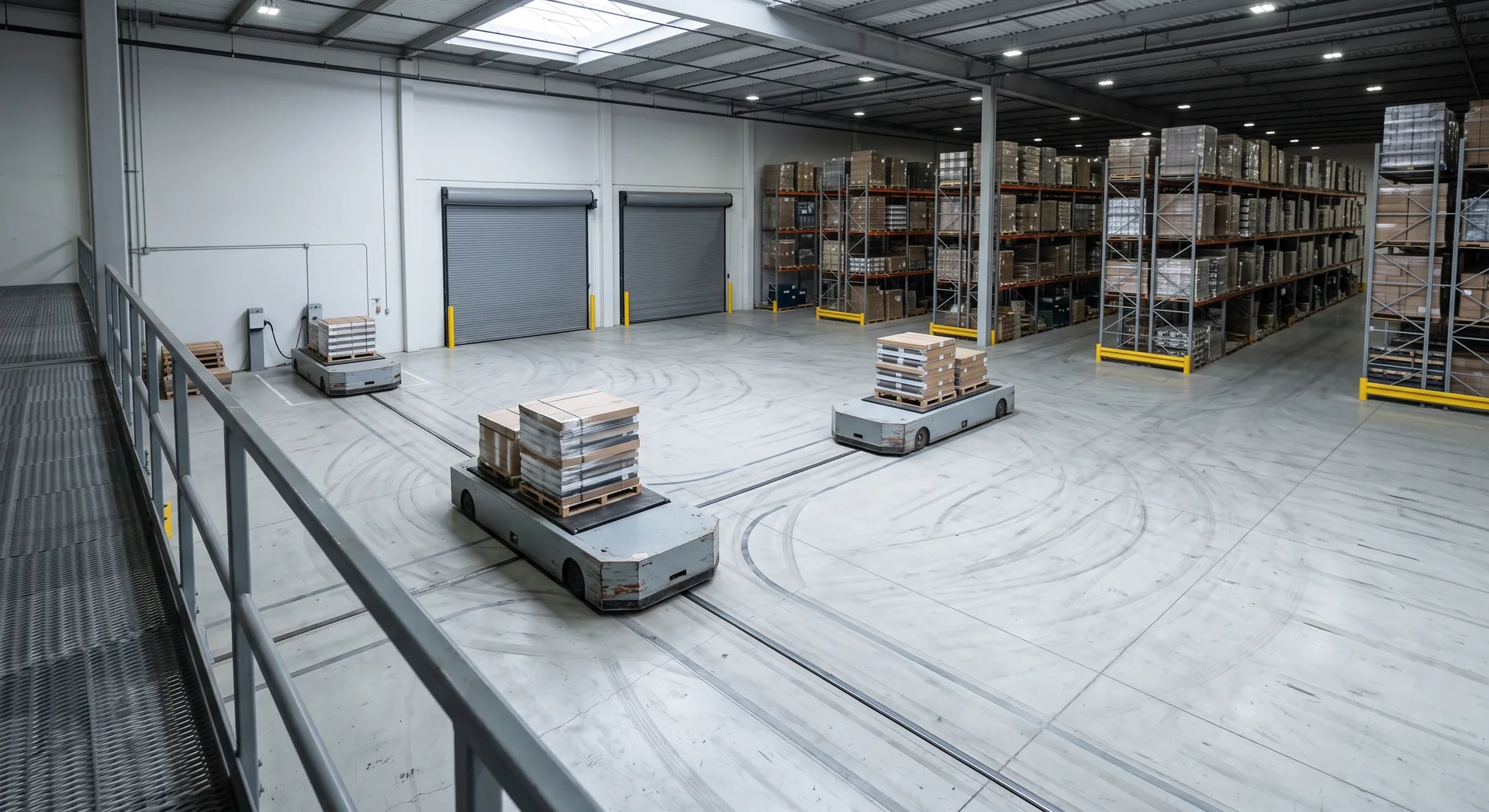 Low flat automated carriers moving stacked loads across a wide hall floor, one turning at a junction with racking running away behind.