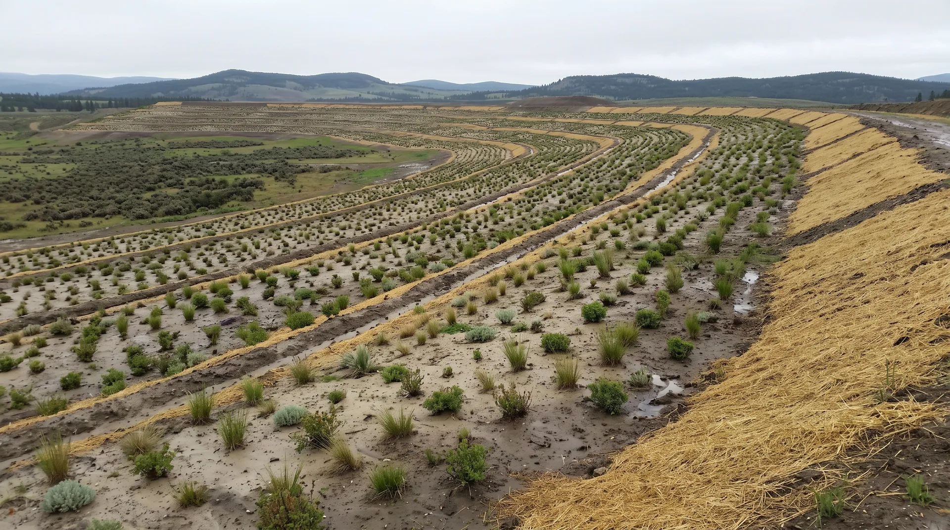 A graded bank contoured in shallow terraces and planted with young shrubs and grasses, pale sandy soil showing between the rows.