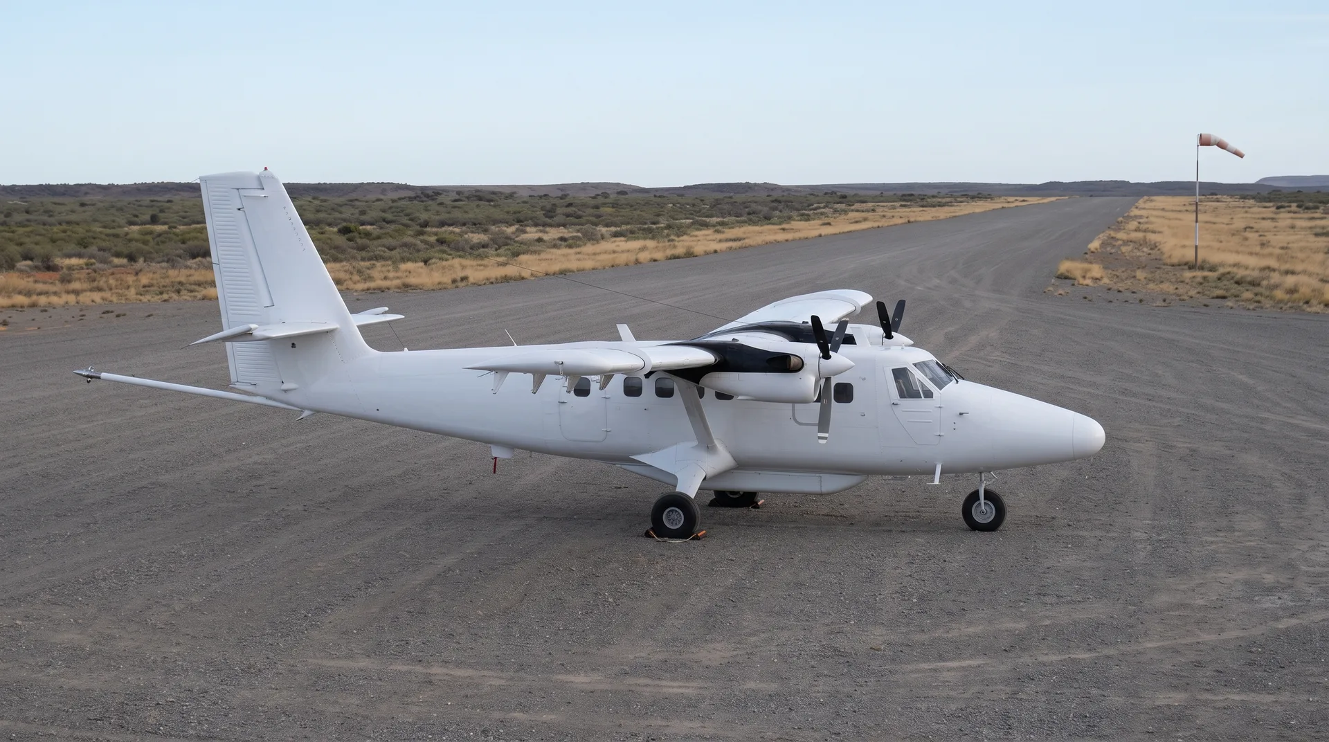 A small twin-engine survey aircraft parked on a gravel airstrip, a slender boom projecting from its tail and a sensor pod faired beneath the fuselage.
