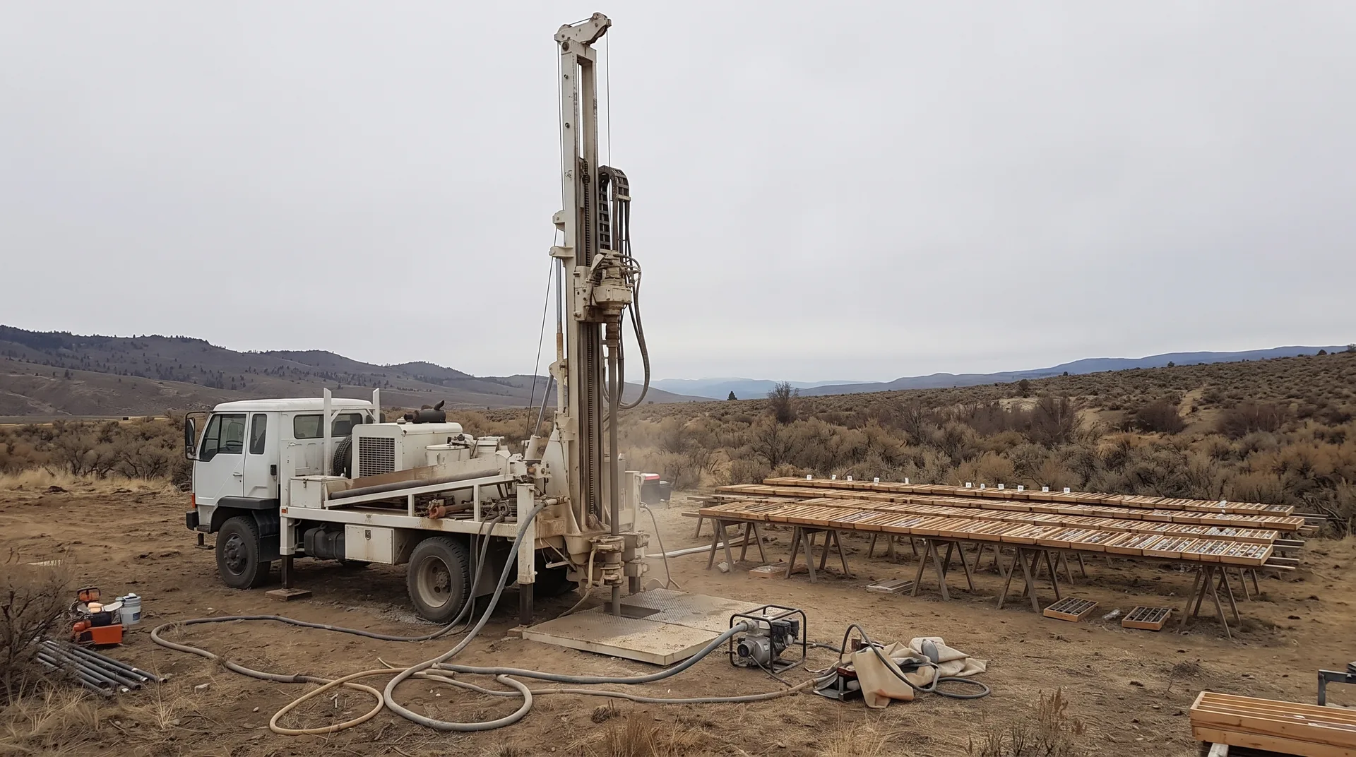 A drill rig with its mast raised on cleared open ground, a rack of core trays laid out on trestles in the middle distance behind it.