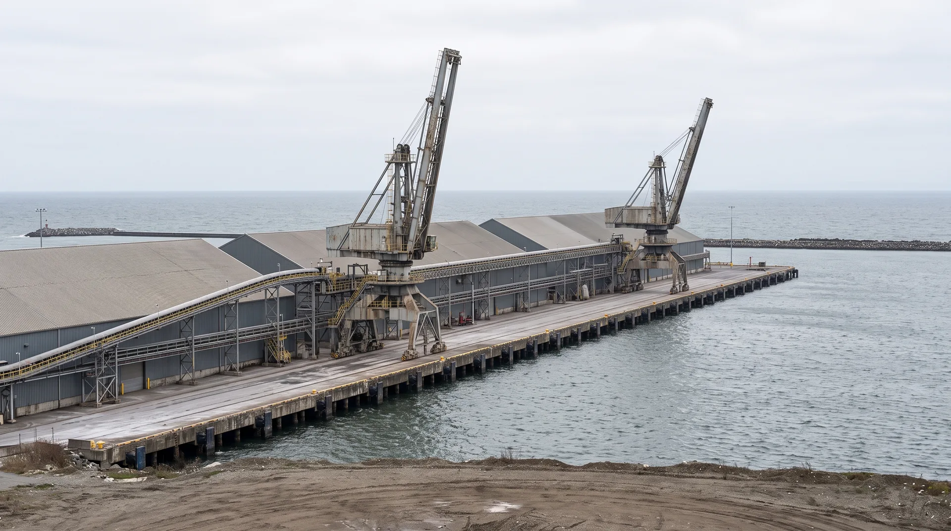 A long concrete wharf with two tall shiploaders on rails standing over an empty berth, covered storage sheds and a conveyor gantry behind.