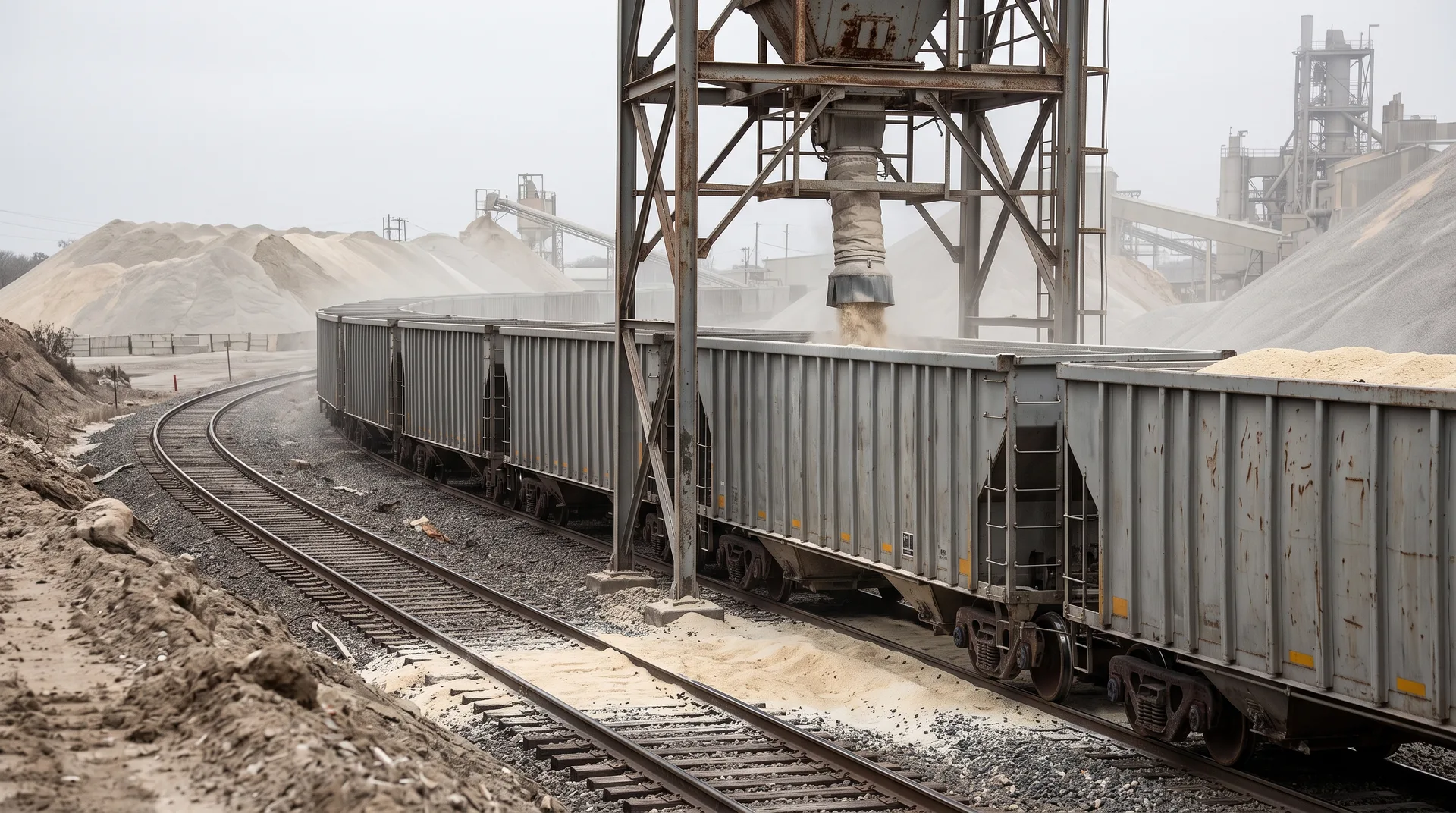 A line of open hopper wagons standing beneath a steel rail loadout, pale material falling through a lowered chute into one wagon.