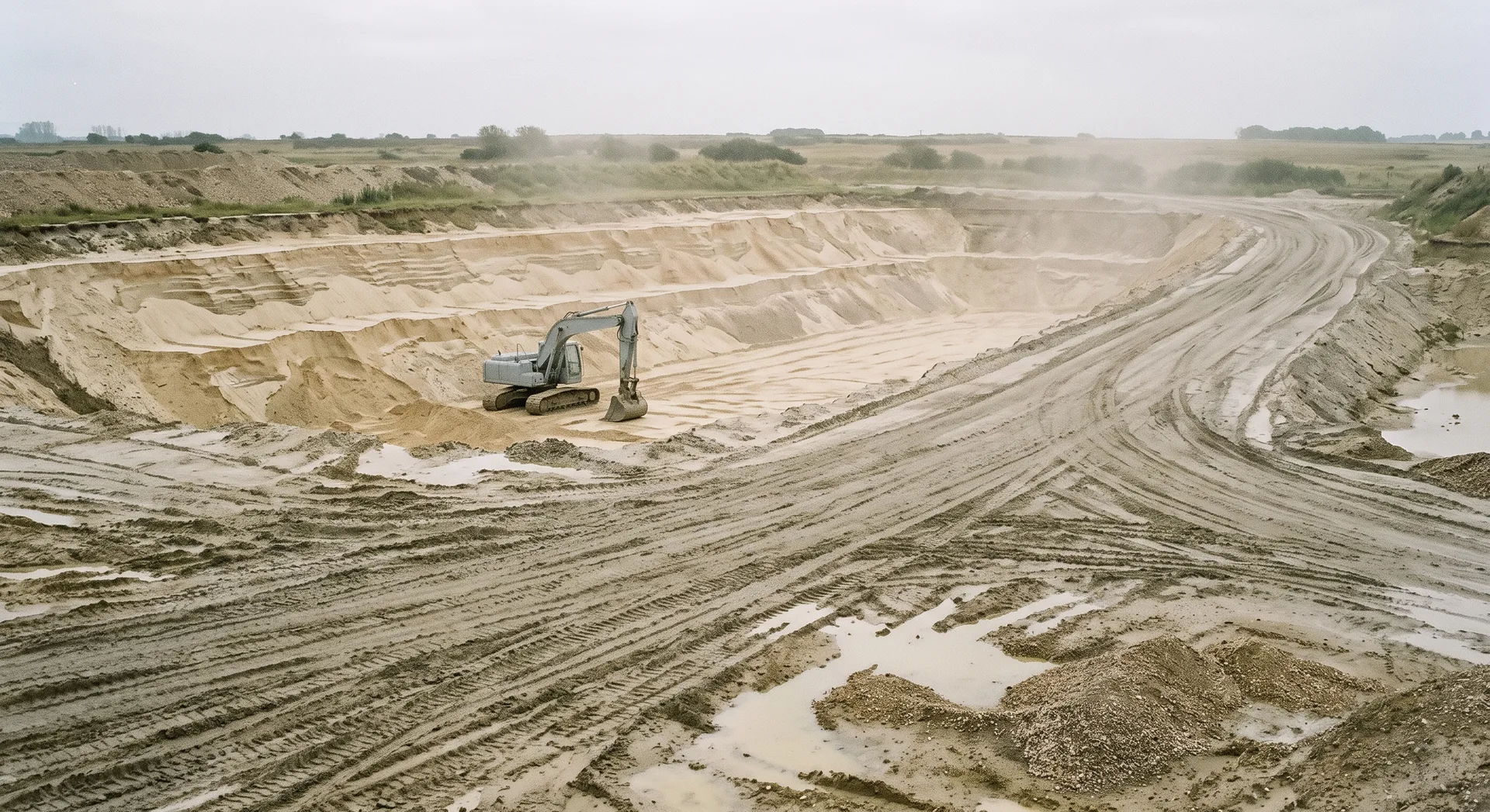 A stepped face cut into pale sand with a tracked excavator working at its toe, a graded haul road curving away across the pit floor.
