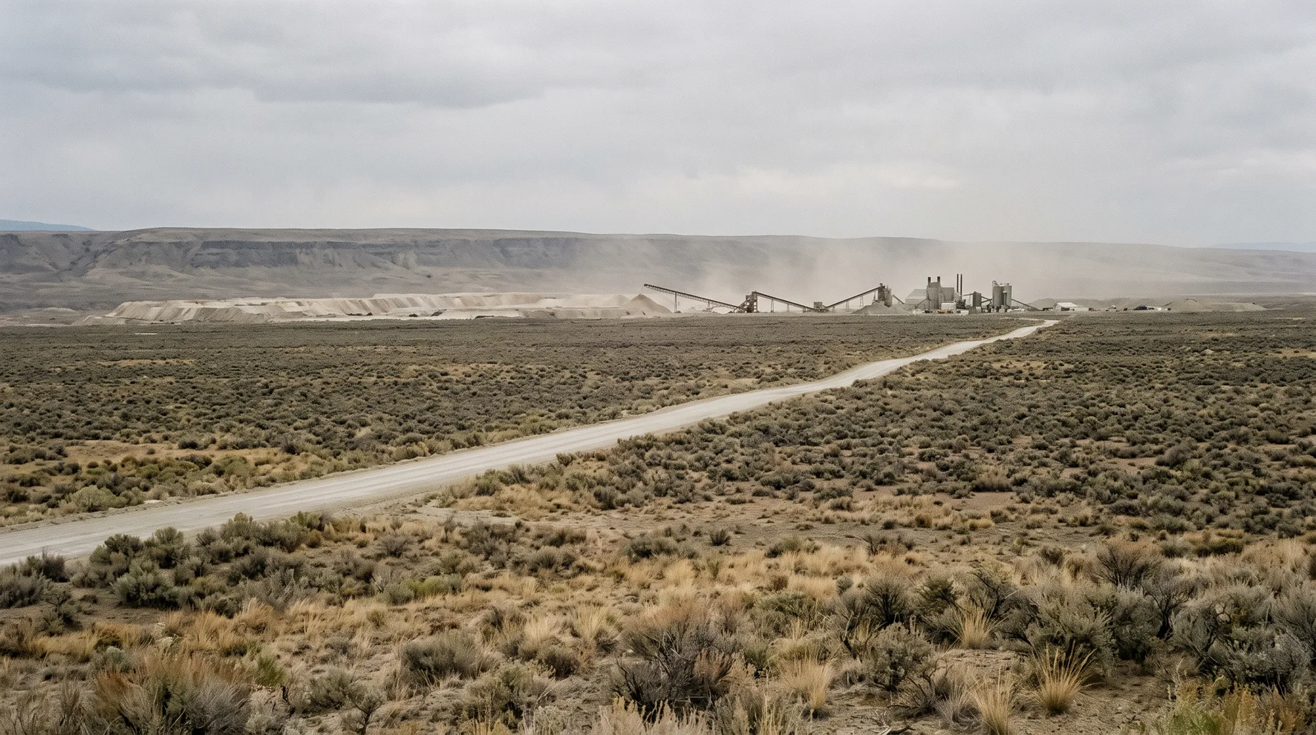 A wide arid plain with a graded road running toward distant plant structures and conveyor gantries reduced to silhouettes by haze.