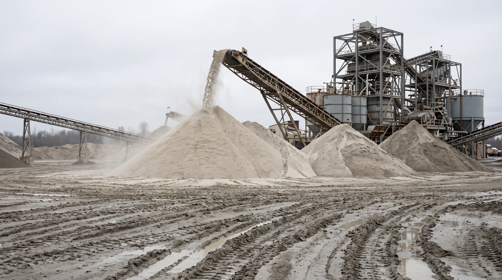 A conveyor discharging pale sand onto a large conical stockpile, with further stockpiles and the steel framework of a plant behind it.