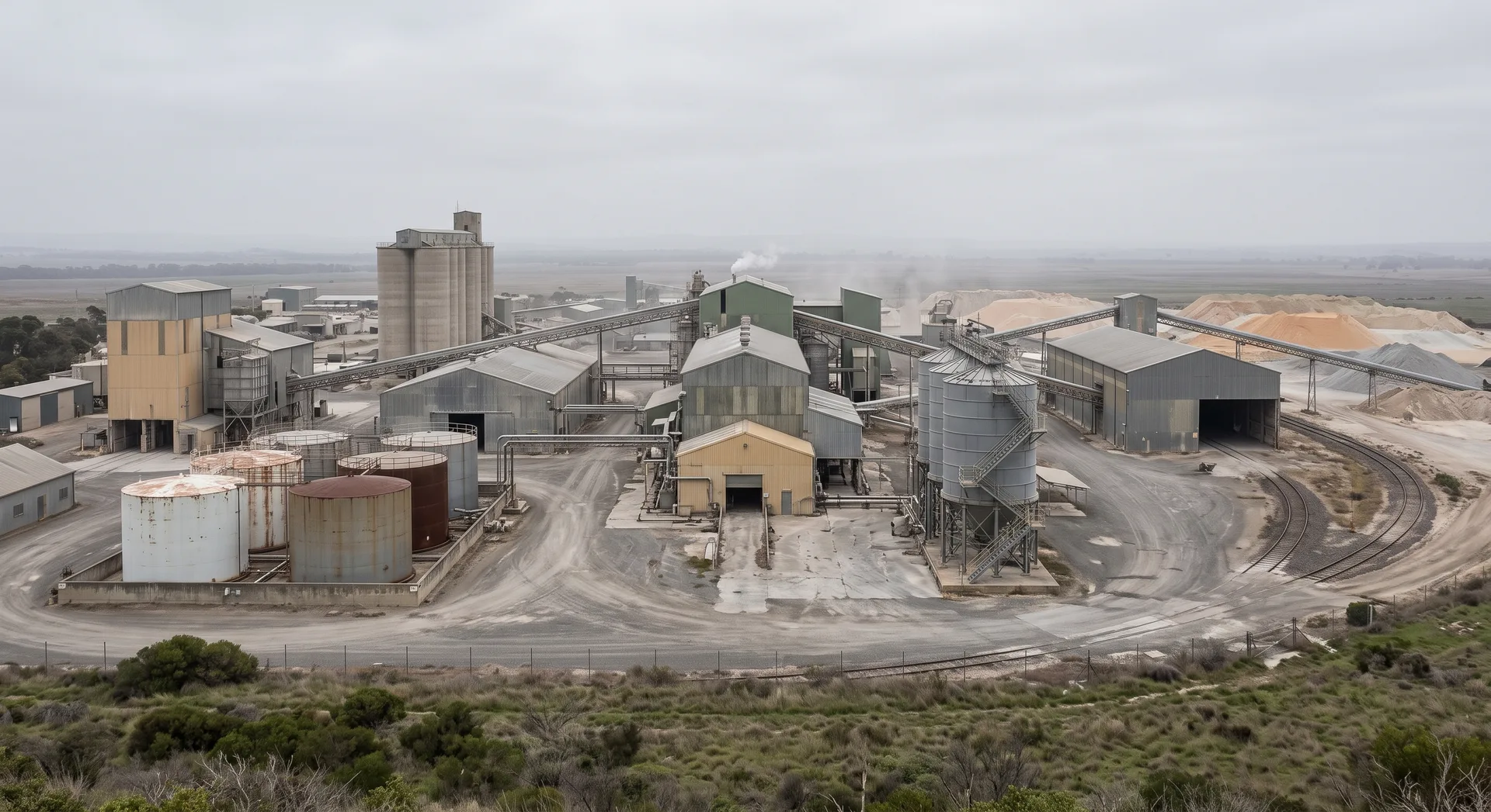 A wide industrial complex of sheds, silos and tanks with conveyor gantries running between them toward pale stockpiles at the site edge.