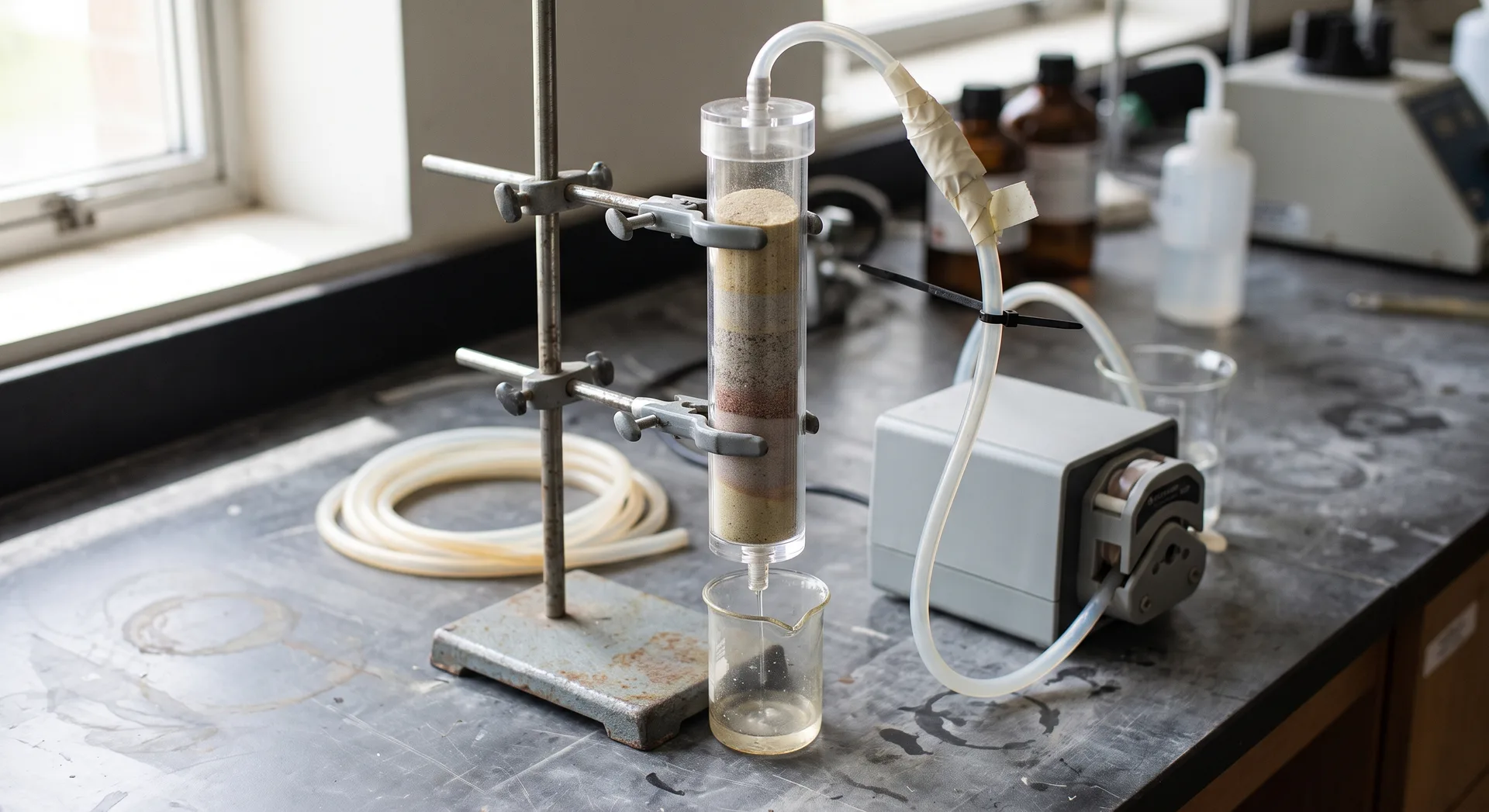 A clear column clamped in a retort stand with sand stratified inside it, silicone tubing looping to a small pump and a beaker at the outlet.