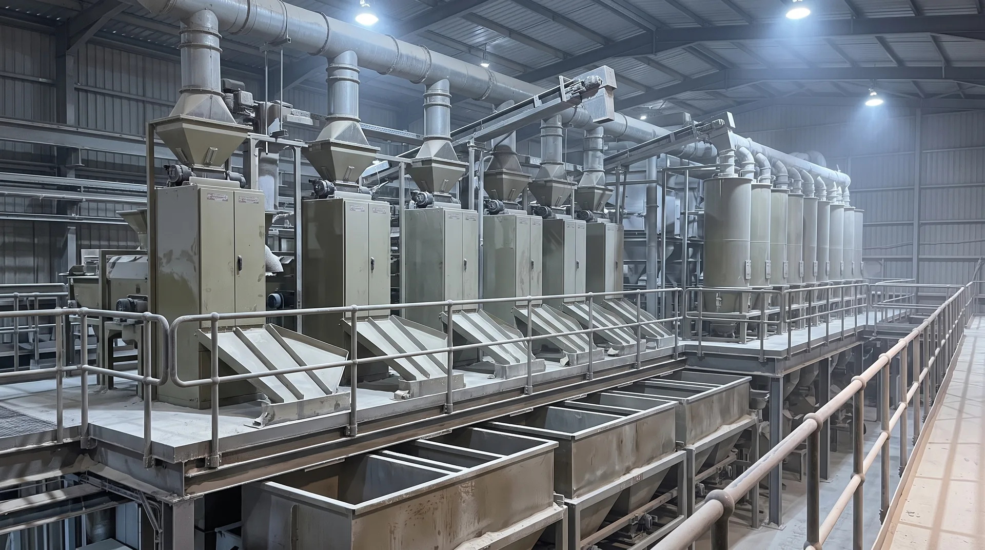 A row of tall magnetic separators on a steel mezzanine, feed hoppers above and divided chutes fanning out below into collection bins.
