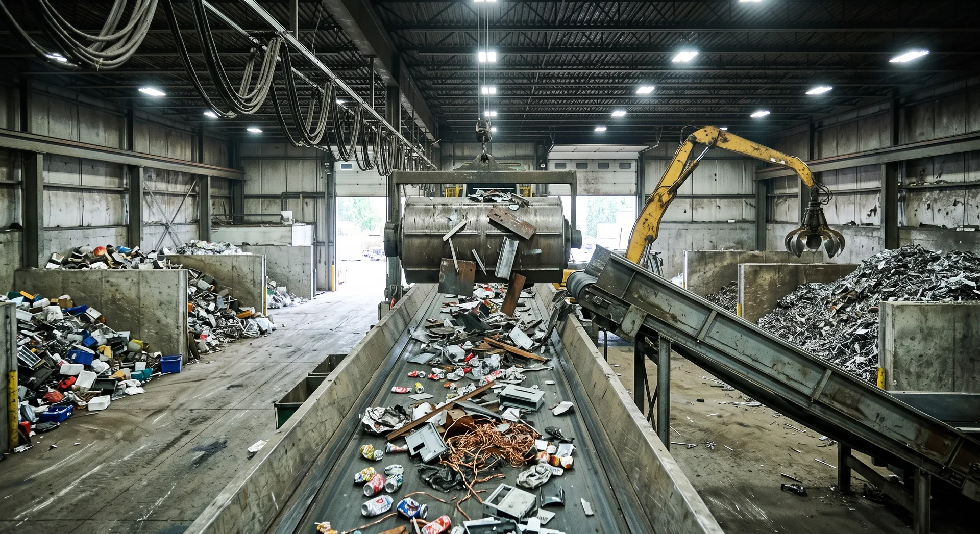 A conveyor carrying crushed metal and tangled wire beneath a suspended drum magnet, which lifts steel pieces onto a side conveyor.