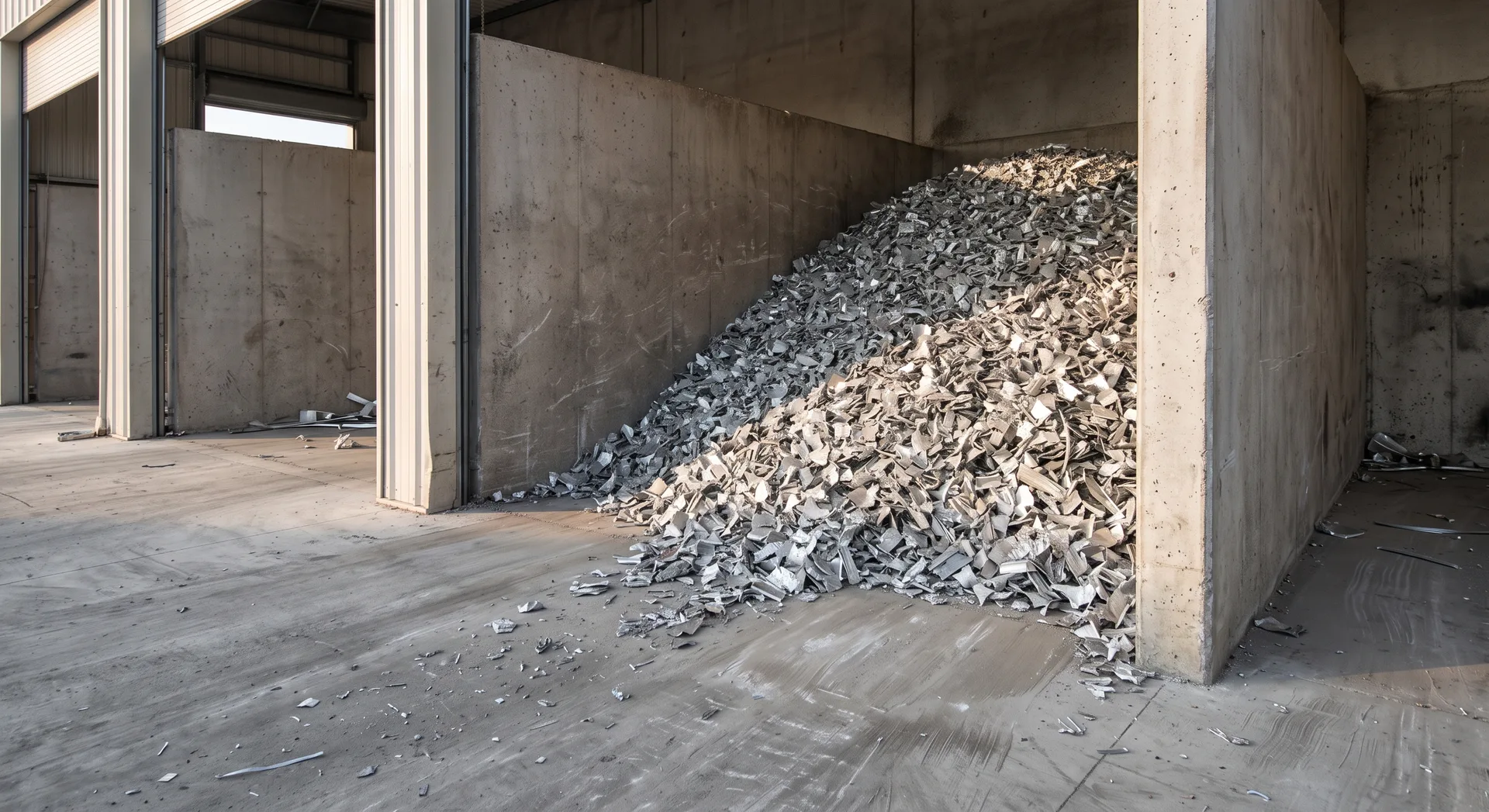 A deep drift of clean crushed metal fragments banked against a concrete push-wall, its loose surface raked by low daylight from one side.