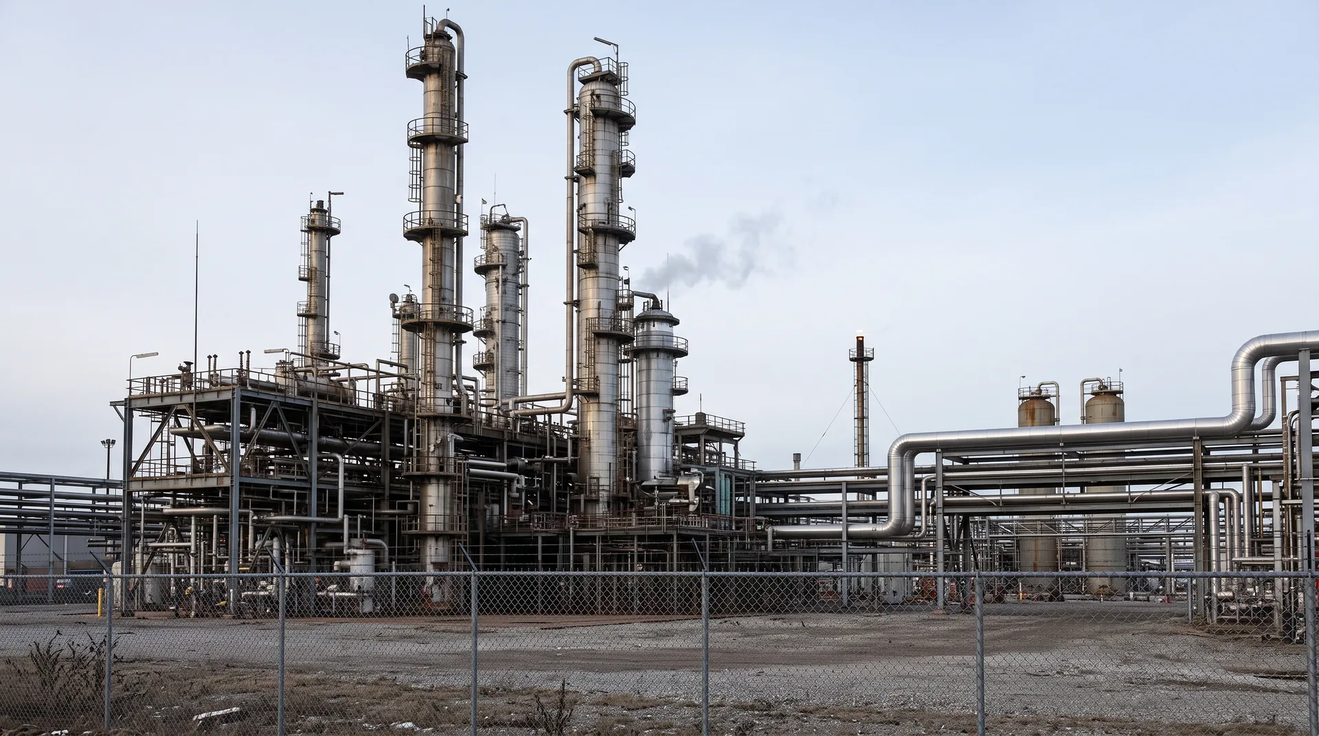 Tall distillation columns rising above a steel framework, with banked pipe racks running away from them and insulated lines catching flat morning light.