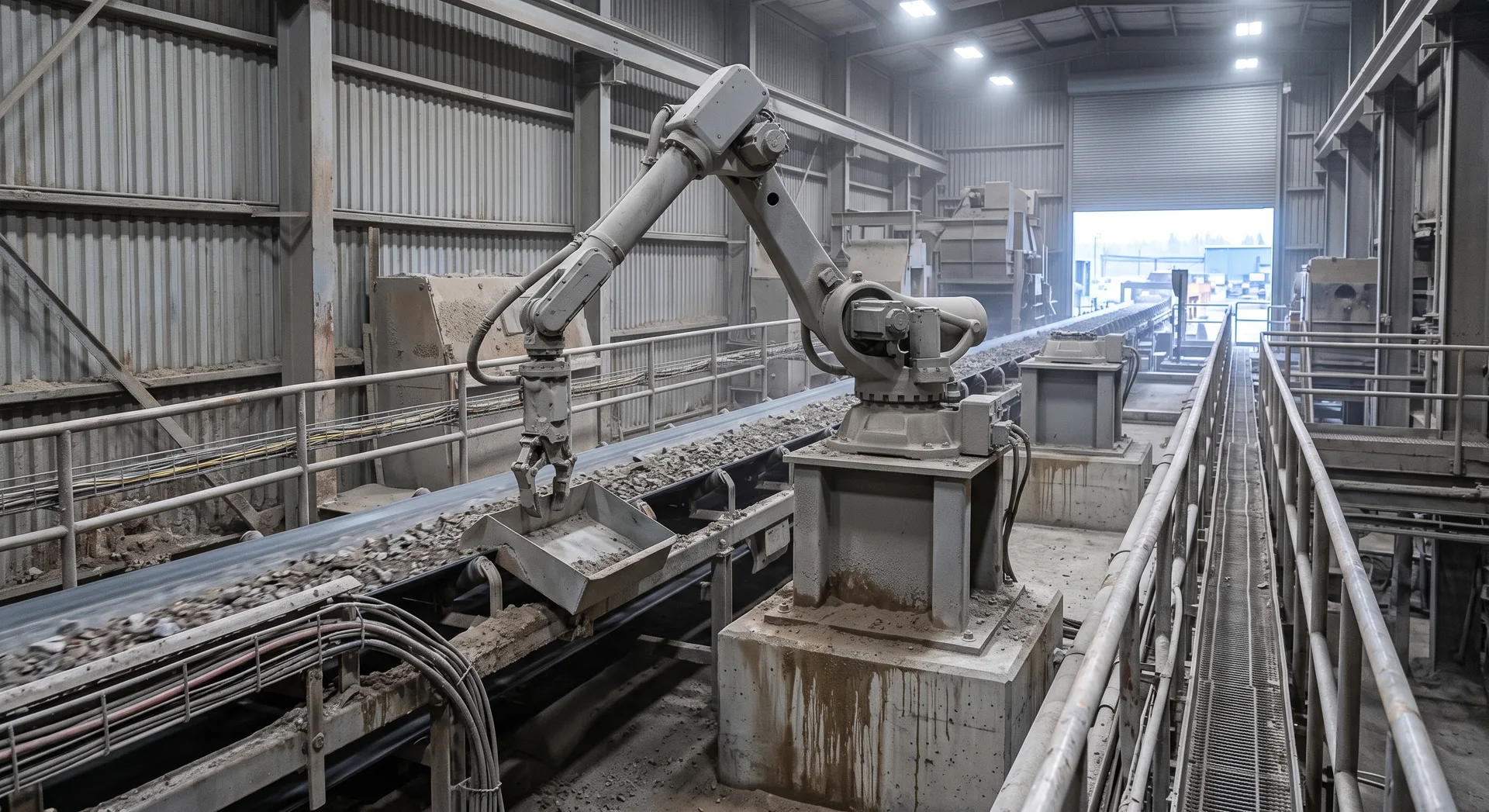 A jointed robotic arm on a steel pedestal beside a conveyor inside a dusty processing building, its gripper lowered toward a chute.